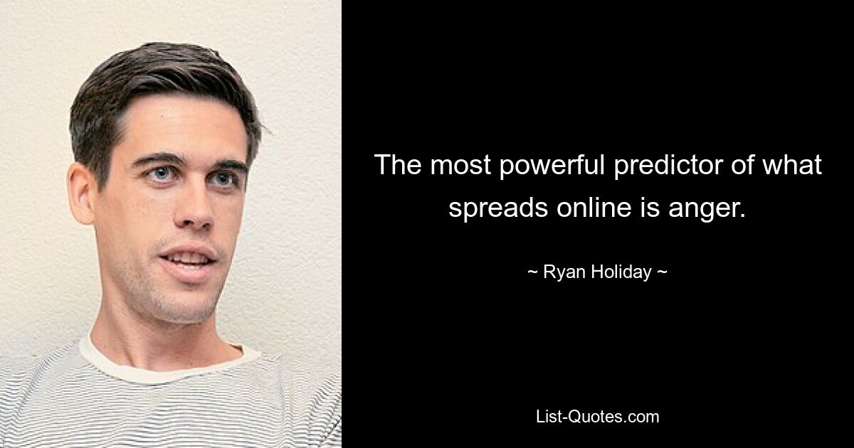 The most powerful predictor of what spreads online is anger. — © Ryan Holiday