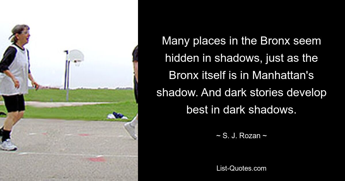 Many places in the Bronx seem hidden in shadows, just as the Bronx itself is in Manhattan's shadow. And dark stories develop best in dark shadows. — © S. J. Rozan