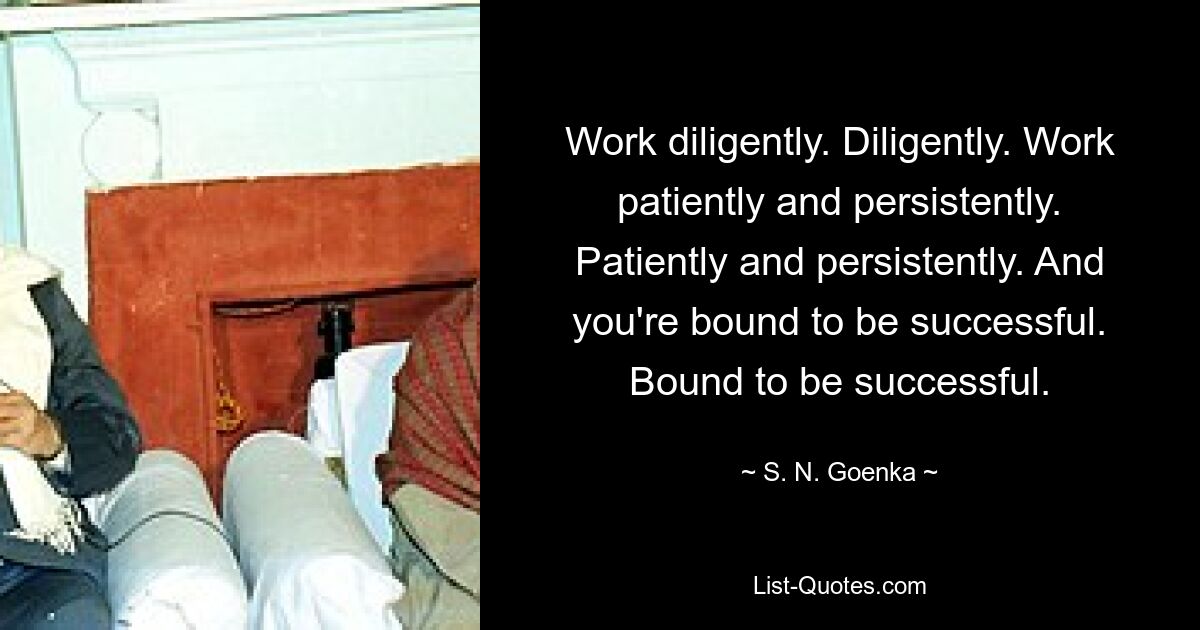 Work diligently. Diligently. Work patiently and persistently. Patiently and persistently. And you're bound to be successful. Bound to be successful. — © S. N. Goenka