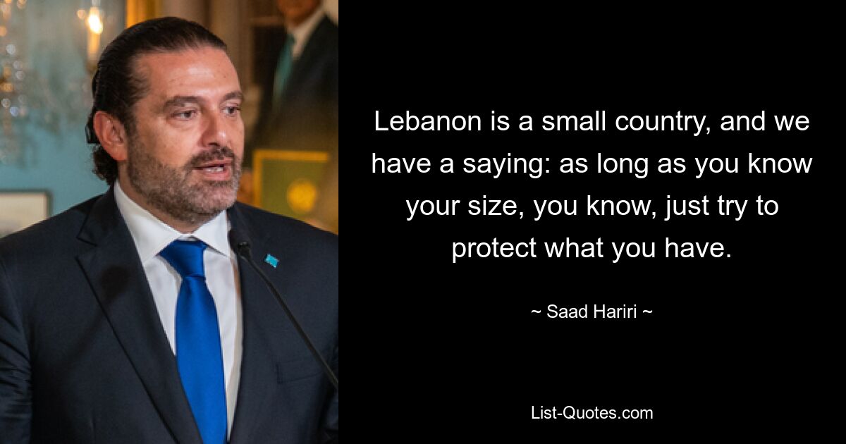 Lebanon is a small country, and we have a saying: as long as you know your size, you know, just try to protect what you have. — © Saad Hariri