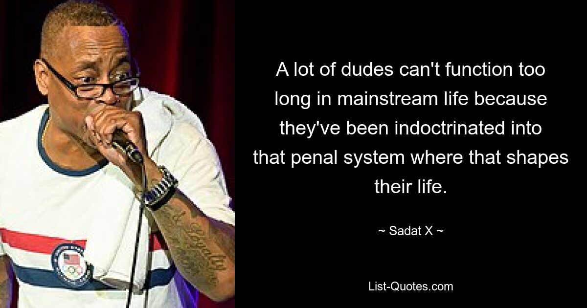 A lot of dudes can't function too long in mainstream life because they've been indoctrinated into that penal system where that shapes their life. — © Sadat X