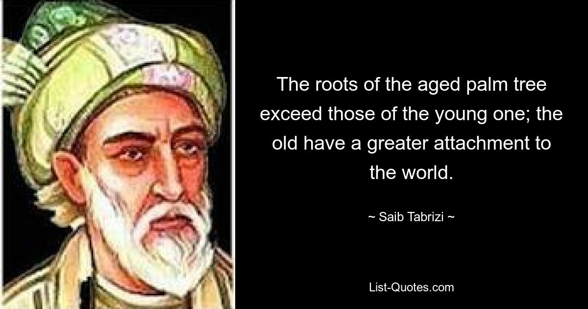 The roots of the aged palm tree exceed those of the young one; the old have a greater attachment to the world. — © Saib Tabrizi