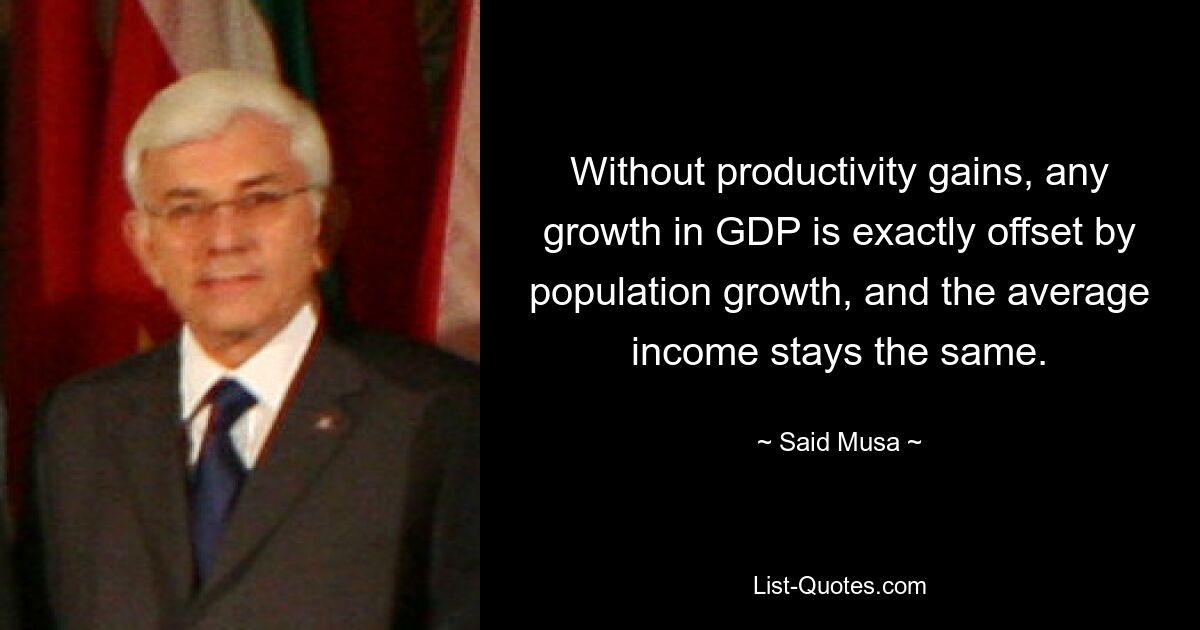 Without productivity gains, any growth in GDP is exactly offset by population growth, and the average income stays the same. — © Said Musa