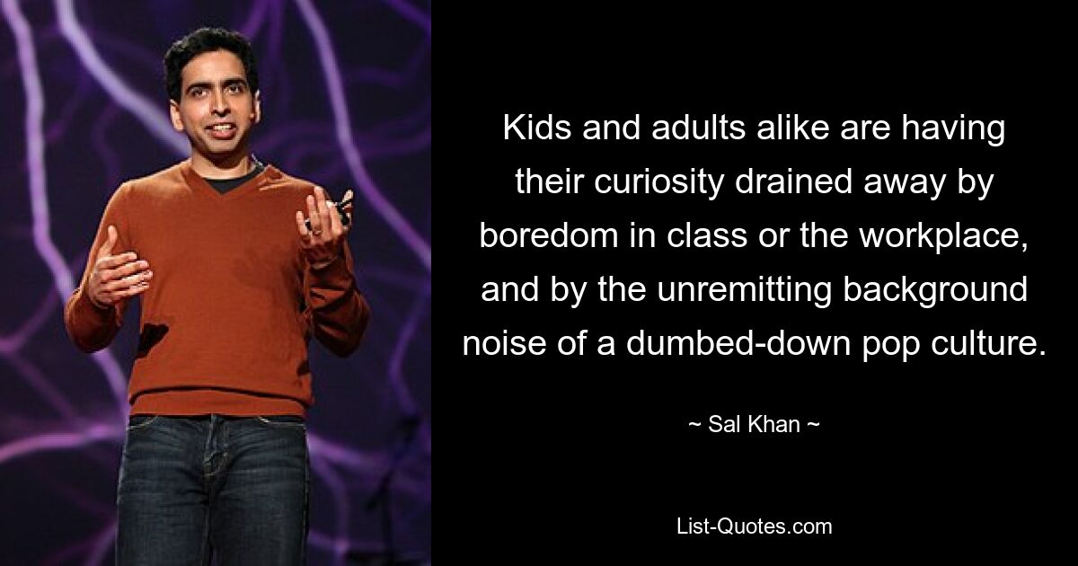 Kids and adults alike are having their curiosity drained away by boredom in class or the workplace, and by the unremitting background noise of a dumbed-down pop culture. — © Sal Khan