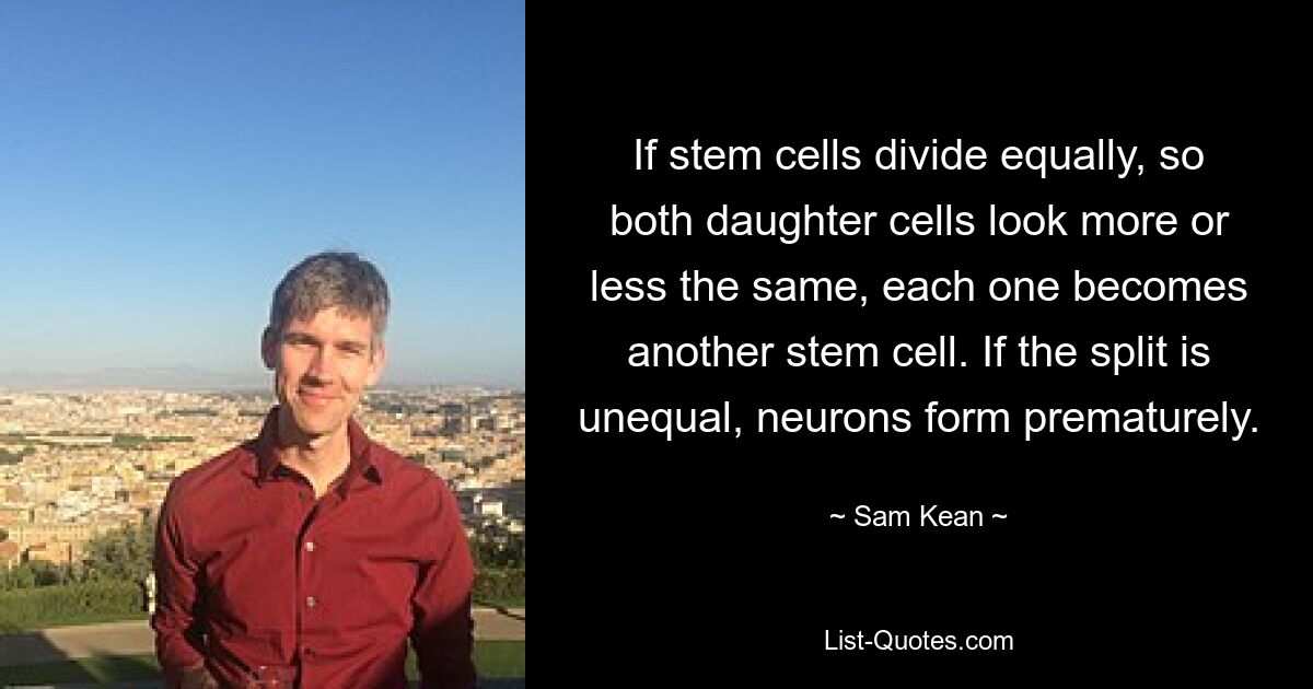 If stem cells divide equally, so both daughter cells look more or less the same, each one becomes another stem cell. If the split is unequal, neurons form prematurely. — © Sam Kean