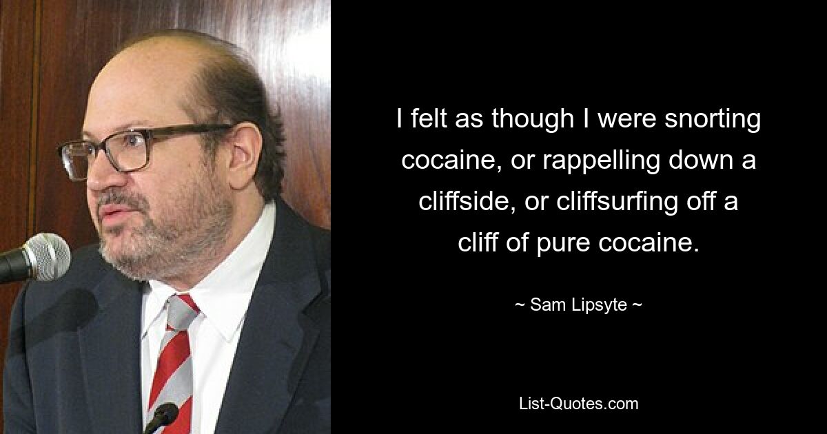 I felt as though I were snorting cocaine, or rappelling down a cliffside, or cliffsurfing off a cliff of pure cocaine. — © Sam Lipsyte