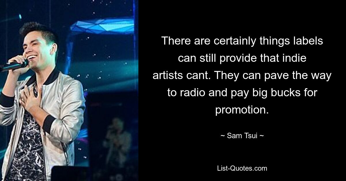 There are certainly things labels can still provide that indie artists cant. They can pave the way to radio and pay big bucks for promotion. — © Sam Tsui