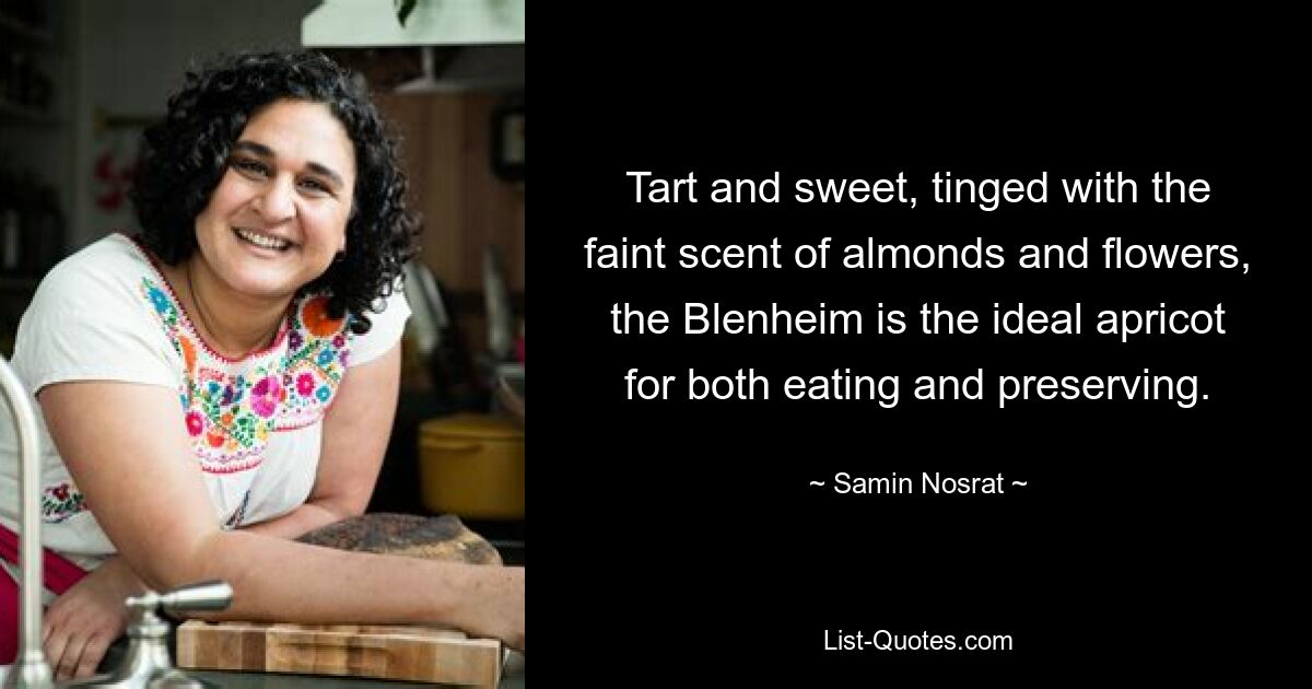 Tart and sweet, tinged with the faint scent of almonds and flowers, the Blenheim is the ideal apricot for both eating and preserving. — © Samin Nosrat