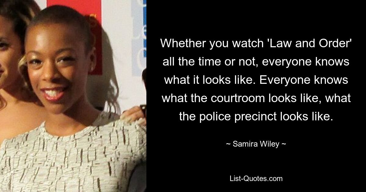 Whether you watch 'Law and Order' all the time or not, everyone knows what it looks like. Everyone knows what the courtroom looks like, what the police precinct looks like. — © Samira Wiley