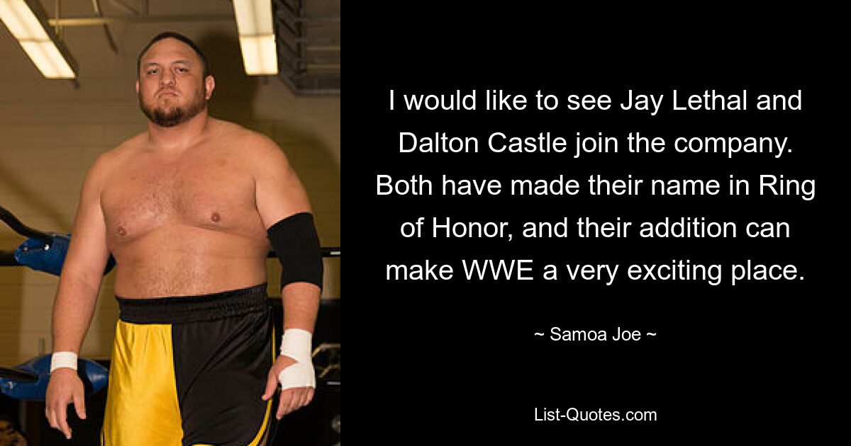 I would like to see Jay Lethal and Dalton Castle join the company. Both have made their name in Ring of Honor, and their addition can make WWE a very exciting place. — © Samoa Joe