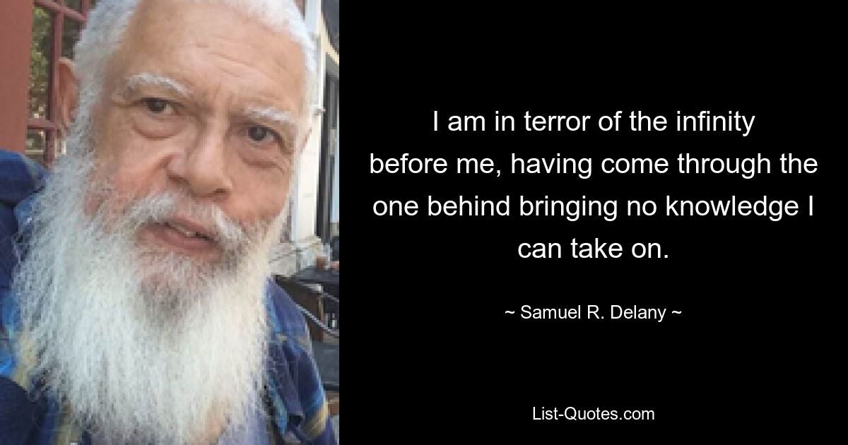 I am in terror of the infinity before me, having come through the one behind bringing no knowledge I can take on. — © Samuel R. Delany