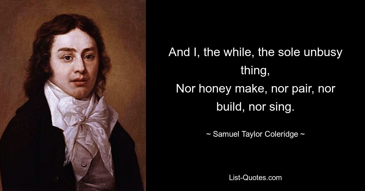 Und ich, währenddessen, das Einzige, was nicht beschäftigt ist, weder Honig machen, noch paaren, noch bauen, noch singen. — © Samuel Taylor Coleridge 