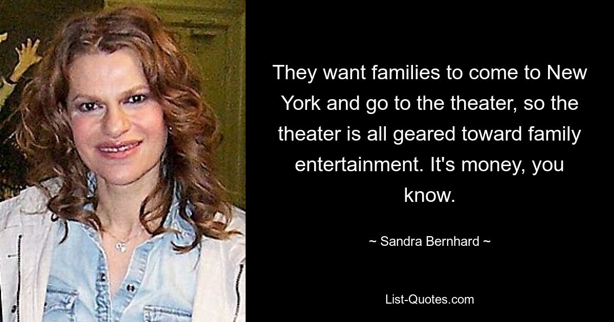 They want families to come to New York and go to the theater, so the theater is all geared toward family entertainment. It's money, you know. — © Sandra Bernhard