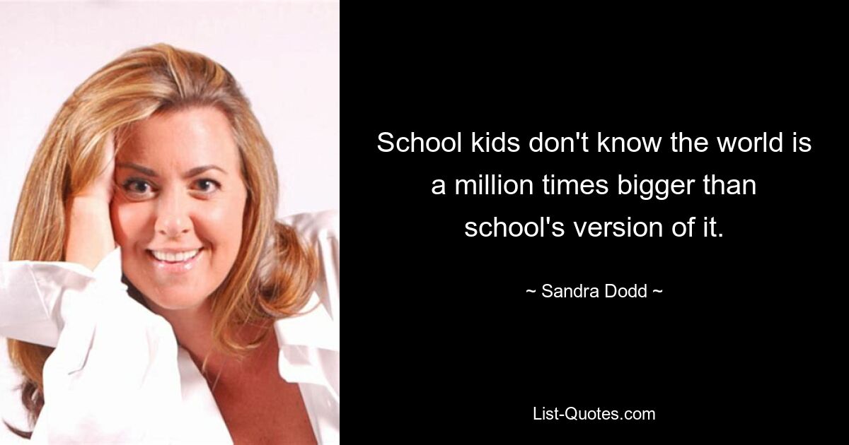 School kids don't know the world is a million times bigger than school's version of it. — © Sandra Dodd