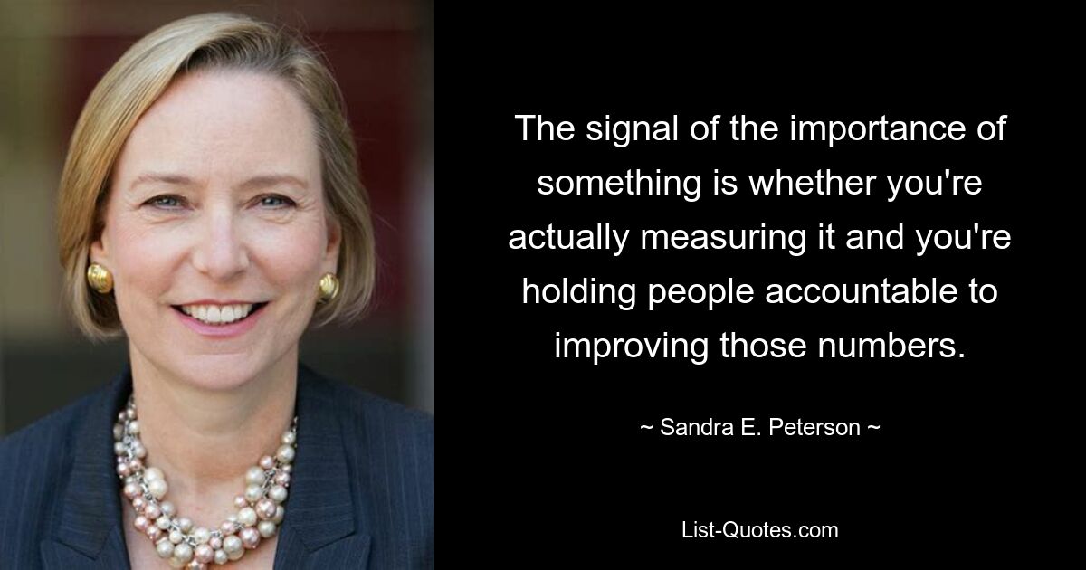 The signal of the importance of something is whether you're actually measuring it and you're holding people accountable to improving those numbers. — © Sandra E. Peterson