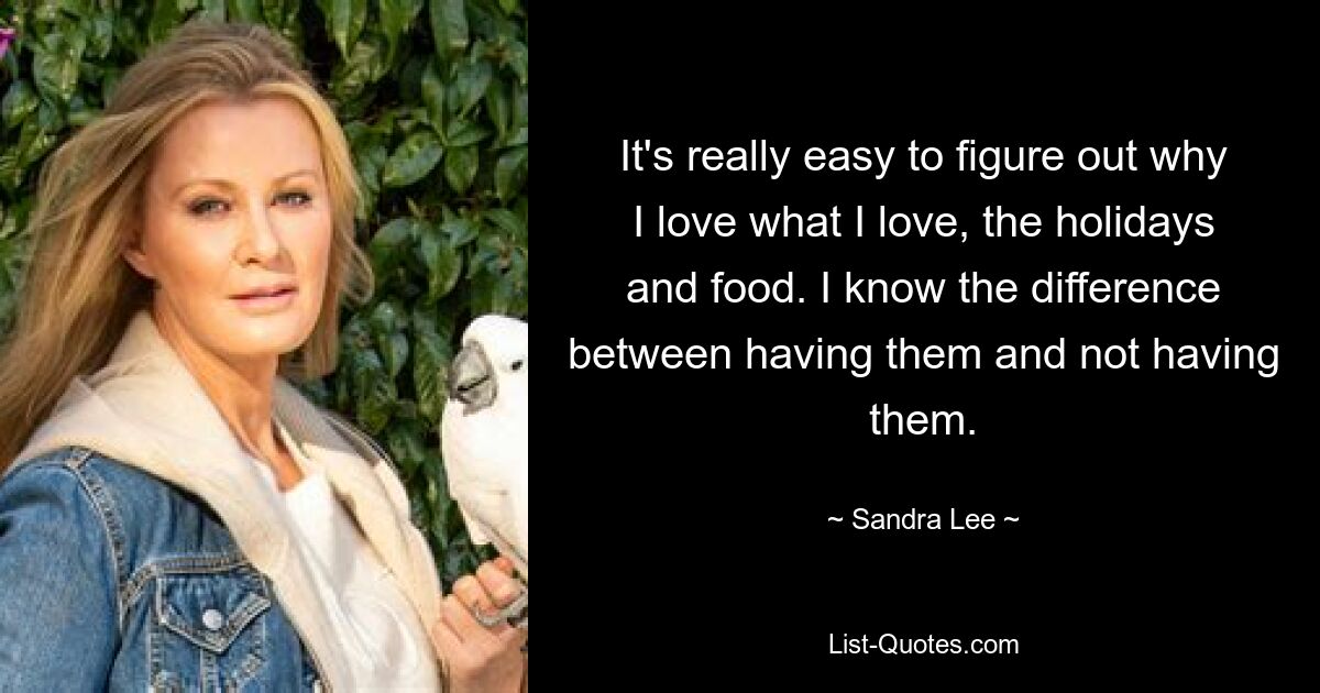 It's really easy to figure out why I love what I love, the holidays and food. I know the difference between having them and not having them. — © Sandra Lee