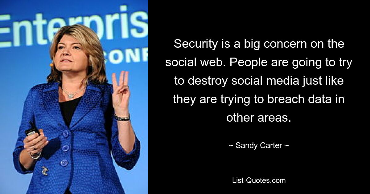 Security is a big concern on the social web. People are going to try to destroy social media just like they are trying to breach data in other areas. — © Sandy Carter