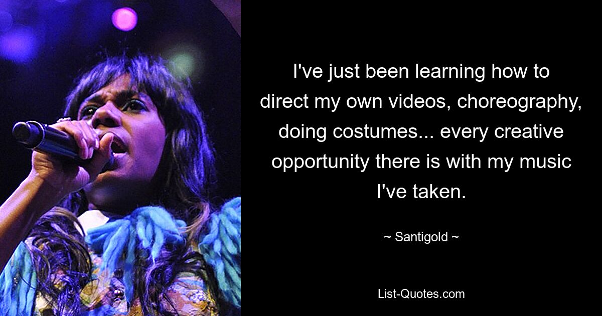 I've just been learning how to direct my own videos, choreography, doing costumes... every creative opportunity there is with my music I've taken. — © Santigold