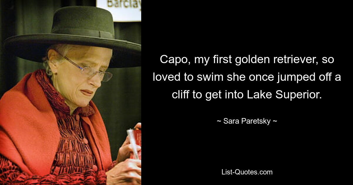 Capo, my first golden retriever, so loved to swim she once jumped off a cliff to get into Lake Superior. — © Sara Paretsky