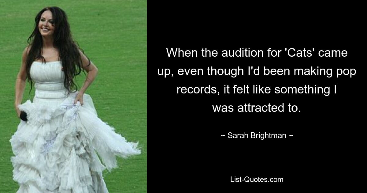 When the audition for 'Cats' came up, even though I'd been making pop records, it felt like something I was attracted to. — © Sarah Brightman