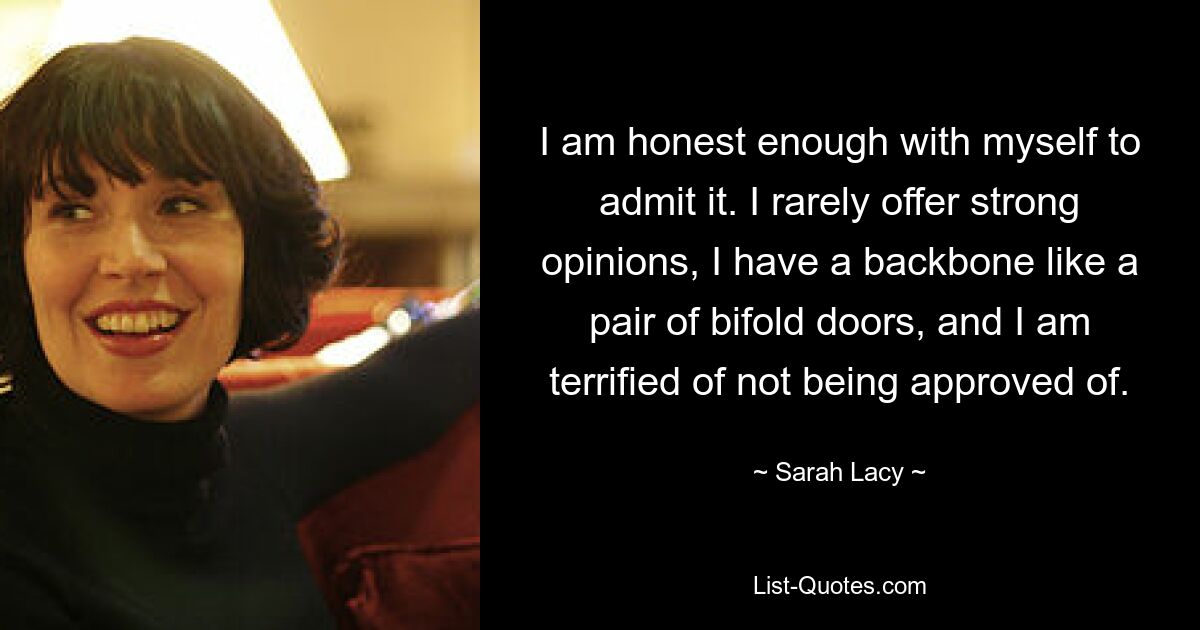 I am honest enough with myself to admit it. I rarely offer strong opinions, I have a backbone like a pair of bifold doors, and I am terrified of not being approved of. — © Sarah Lacy