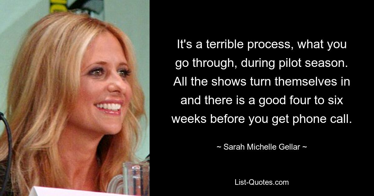 It's a terrible process, what you go through, during pilot season. All the shows turn themselves in and there is a good four to six weeks before you get phone call. — © Sarah Michelle Gellar