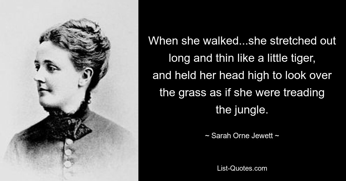 When she walked...she stretched out long and thin like a little tiger, and held her head high to look over the grass as if she were treading the jungle. — © Sarah Orne Jewett