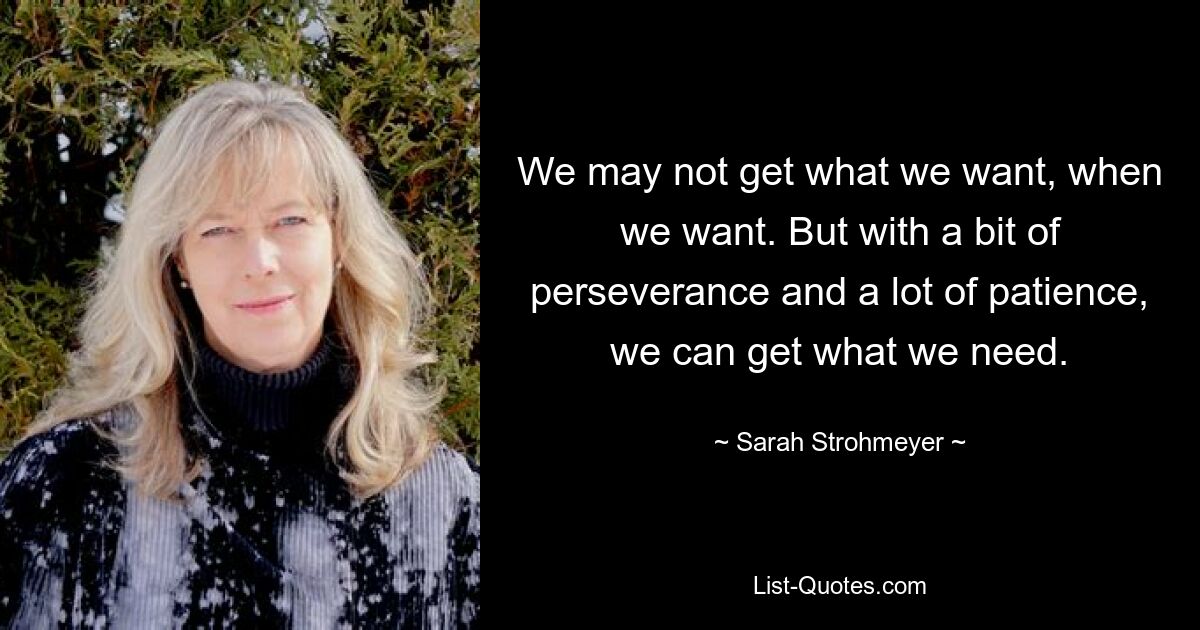 We may not get what we want, when we want. But with a bit of perseverance and a lot of patience, we can get what we need. — © Sarah Strohmeyer