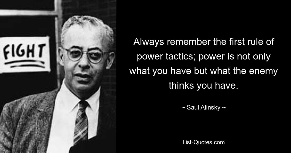 Always remember the first rule of power tactics; power is not only what you have but what the enemy thinks you have. — © Saul Alinsky