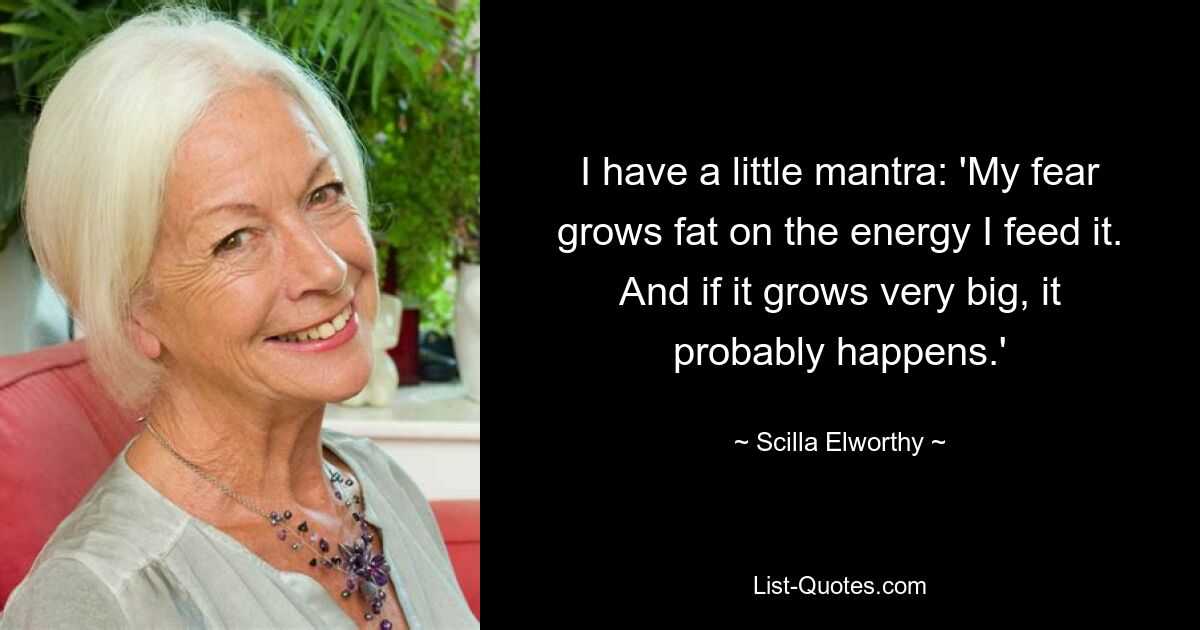 I have a little mantra: 'My fear grows fat on the energy I feed it. And if it grows very big, it probably happens.' — © Scilla Elworthy