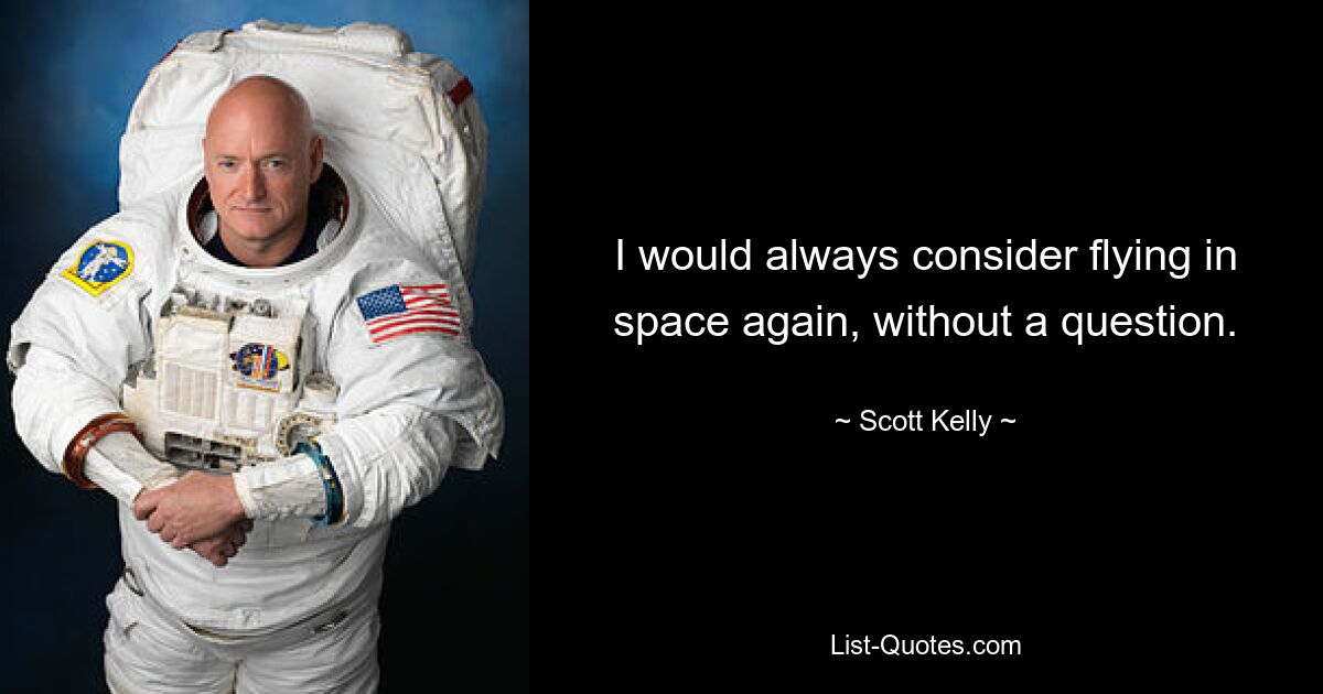 I would always consider flying in space again, without a question. — © Scott Kelly