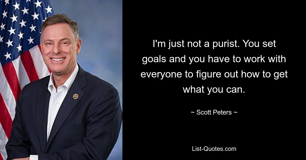 I'm just not a purist. You set goals and you have to work with everyone to figure out how to get what you can. — © Scott Peters