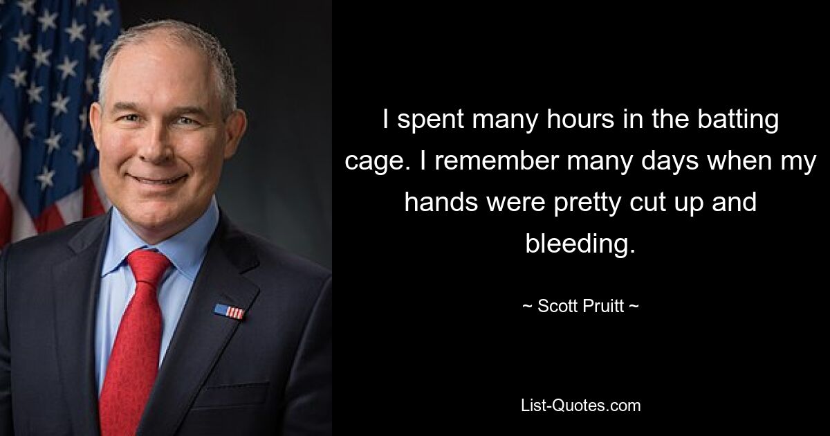 I spent many hours in the batting cage. I remember many days when my hands were pretty cut up and bleeding. — © Scott Pruitt