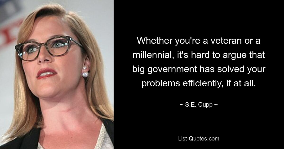 Whether you're a veteran or a millennial, it's hard to argue that big government has solved your problems efficiently, if at all. — © S.E. Cupp