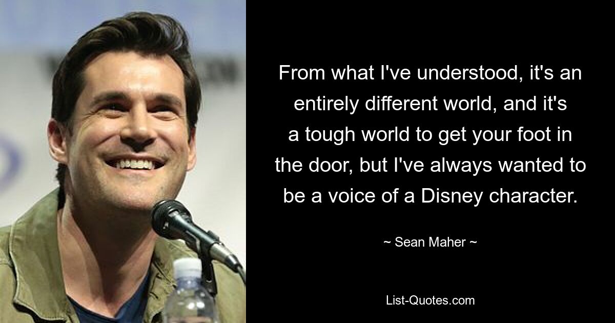 From what I've understood, it's an entirely different world, and it's a tough world to get your foot in the door, but I've always wanted to be a voice of a Disney character. — © Sean Maher