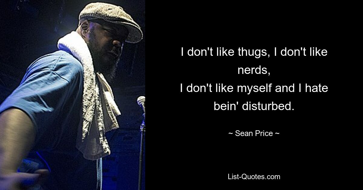 I don't like thugs, I don't like nerds,
I don't like myself and I hate bein' disturbed. — © Sean Price