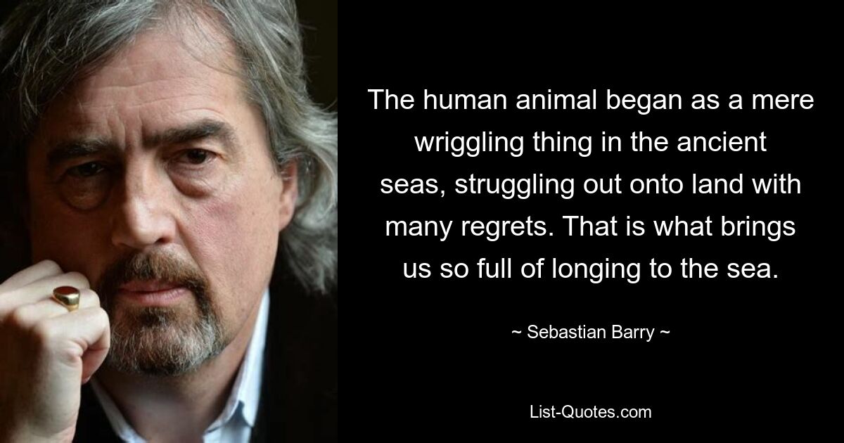 The human animal began as a mere wriggling thing in the ancient seas, struggling out onto land with many regrets. That is what brings us so full of longing to the sea. — © Sebastian Barry