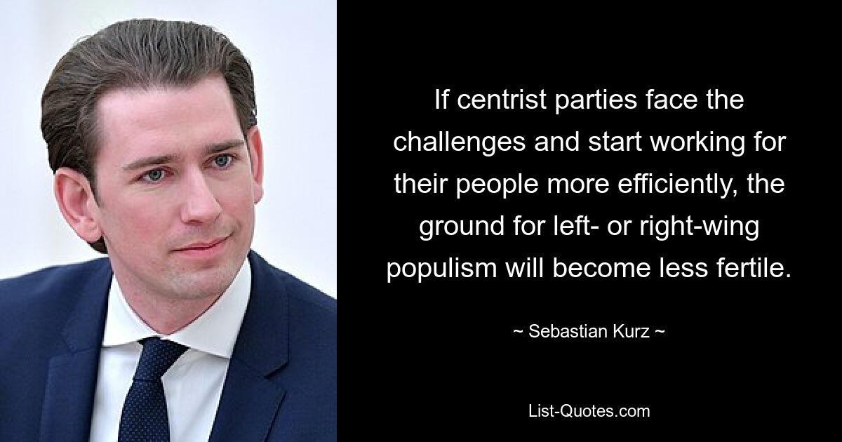 If centrist parties face the challenges and start working for their people more efficiently, the ground for left- or right-wing populism will become less fertile. — © Sebastian Kurz