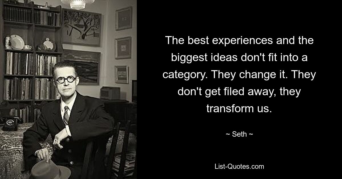 The best experiences and the biggest ideas don't fit into a category. They change it. They don't get filed away, they transform us. — © Seth