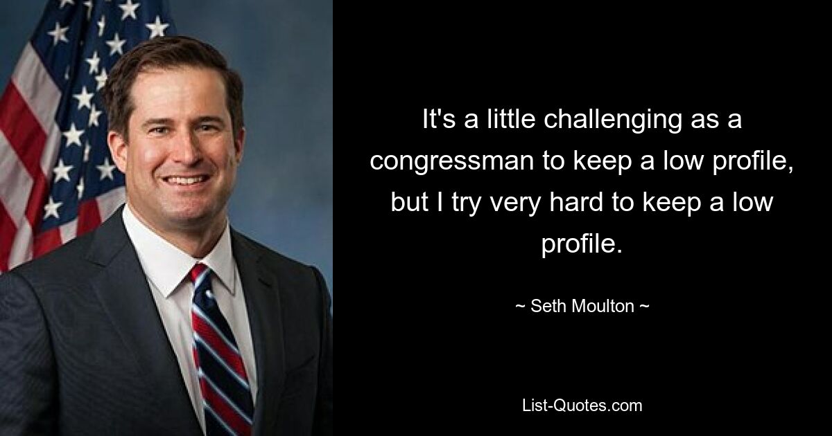 It's a little challenging as a congressman to keep a low profile, but I try very hard to keep a low profile. — © Seth Moulton