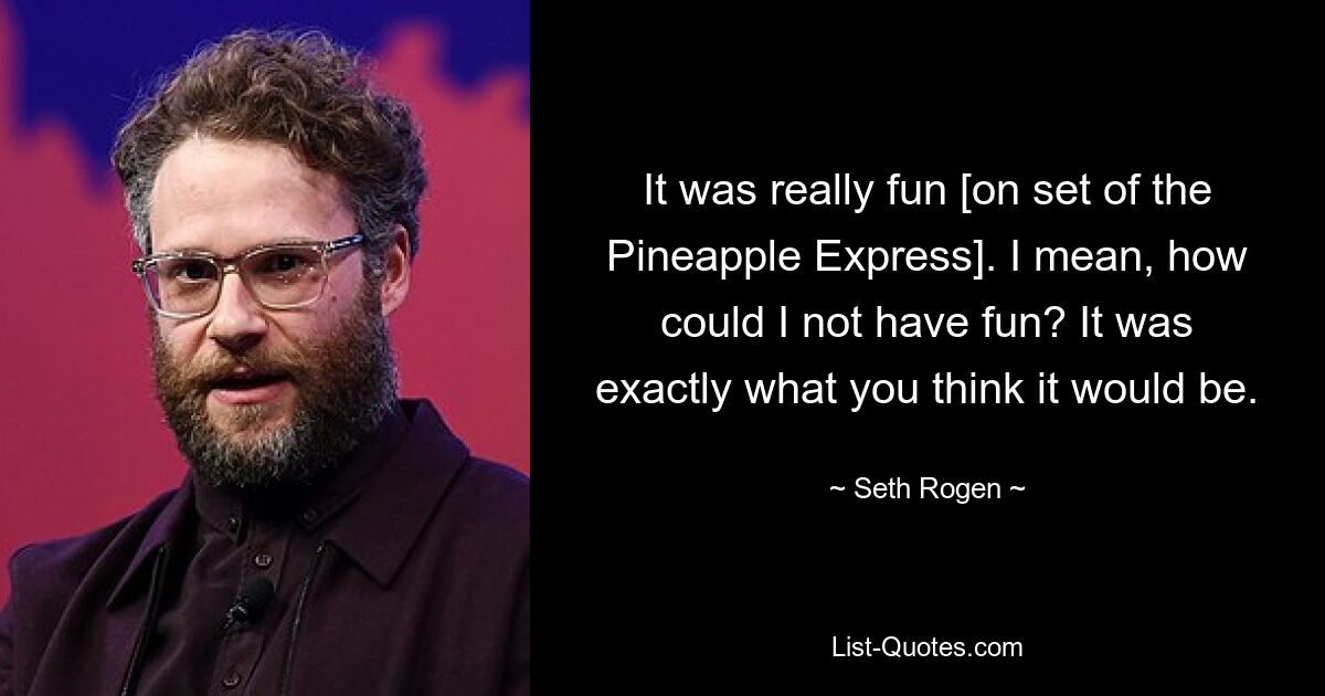 It was really fun [on set of the Pineapple Express]. I mean, how could I not have fun? It was exactly what you think it would be. — © Seth Rogen