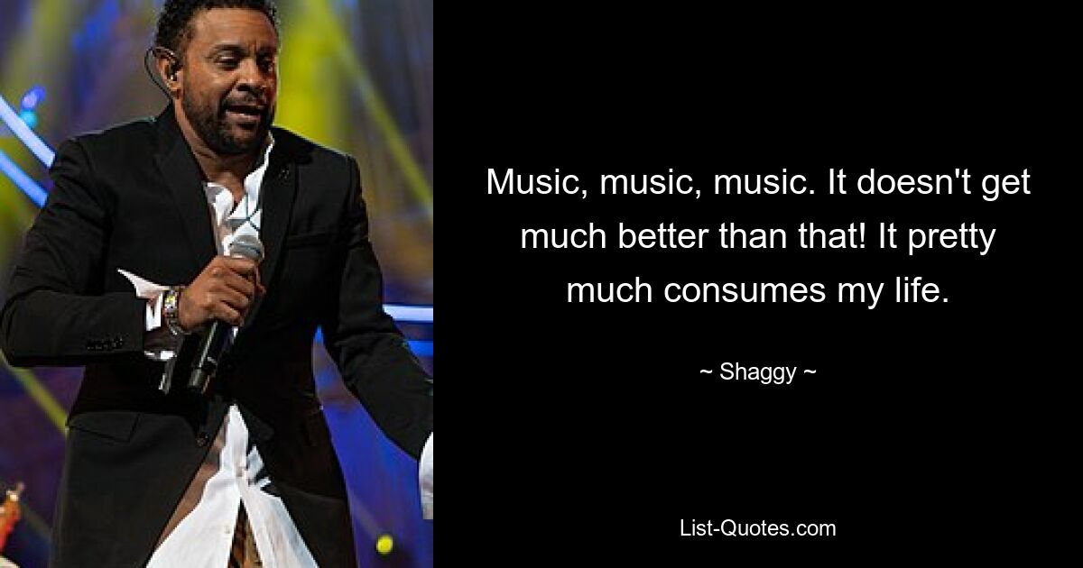 Music, music, music. It doesn't get much better than that! It pretty much consumes my life. — © Shaggy