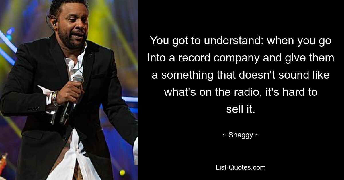 You got to understand: when you go into a record company and give them a something that doesn't sound like what's on the radio, it's hard to sell it. — © Shaggy