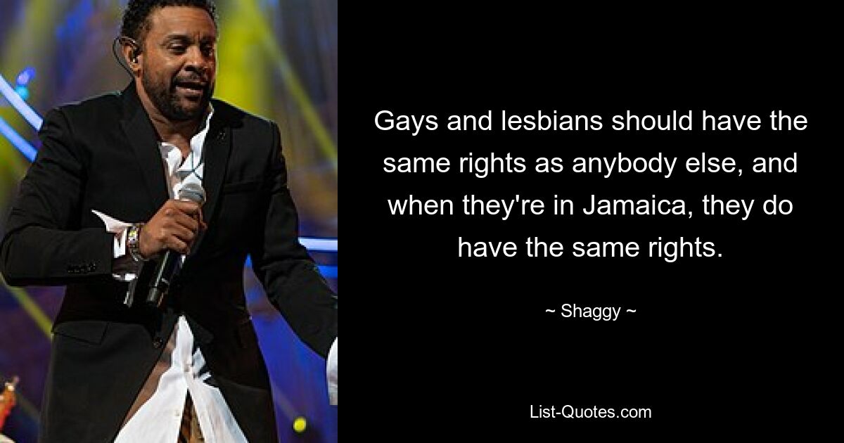 Gays and lesbians should have the same rights as anybody else, and when they're in Jamaica, they do have the same rights. — © Shaggy