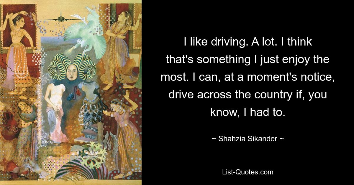 I like driving. A lot. I think that's something I just enjoy the most. I can, at a moment's notice, drive across the country if, you know, I had to. — © Shahzia Sikander