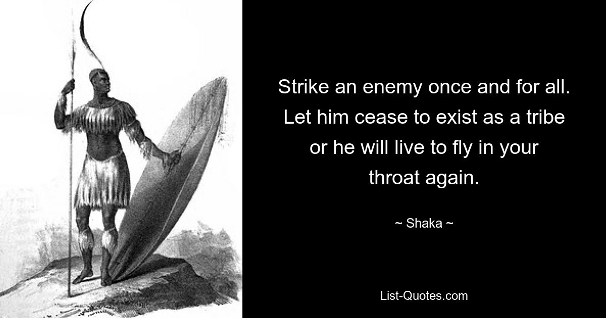 Strike an enemy once and for all. Let him cease to exist as a tribe or he will live to fly in your throat again. — © Shaka