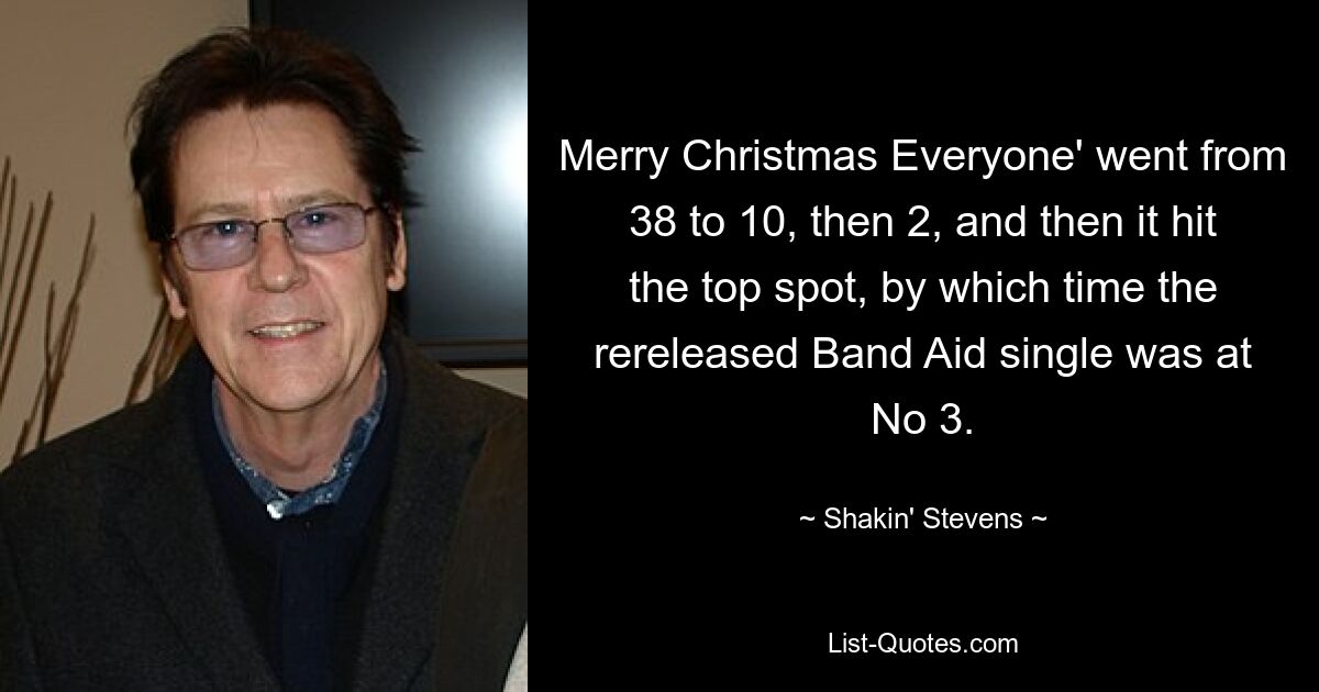 Merry Christmas Everyone' went from 38 to 10, then 2, and then it hit the top spot, by which time the rereleased Band Aid single was at No 3. — © Shakin' Stevens