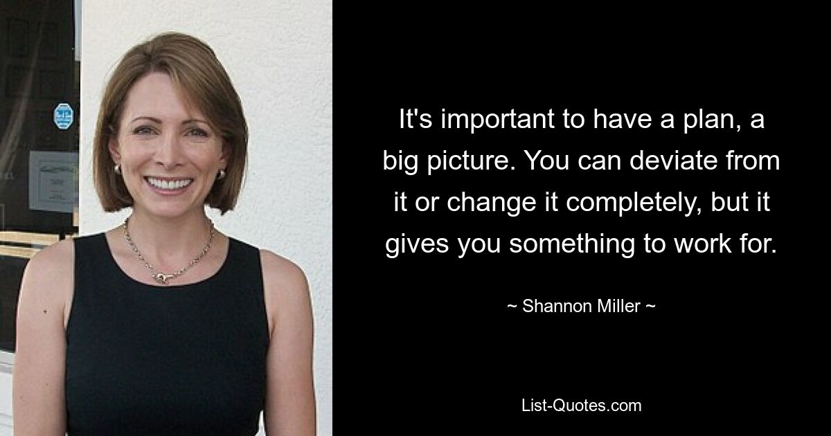 It's important to have a plan, a big picture. You can deviate from it or change it completely, but it gives you something to work for. — © Shannon Miller