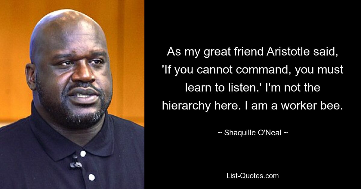 As my great friend Aristotle said, 'If you cannot command, you must learn to listen.' I'm not the hierarchy here. I am a worker bee. — © Shaquille O'Neal