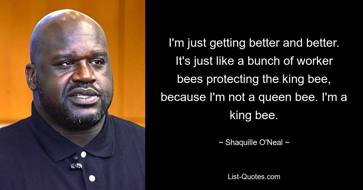 I'm just getting better and better. It's just like a bunch of worker bees protecting the king bee, because I'm not a queen bee. I'm a king bee. — © Shaquille O'Neal